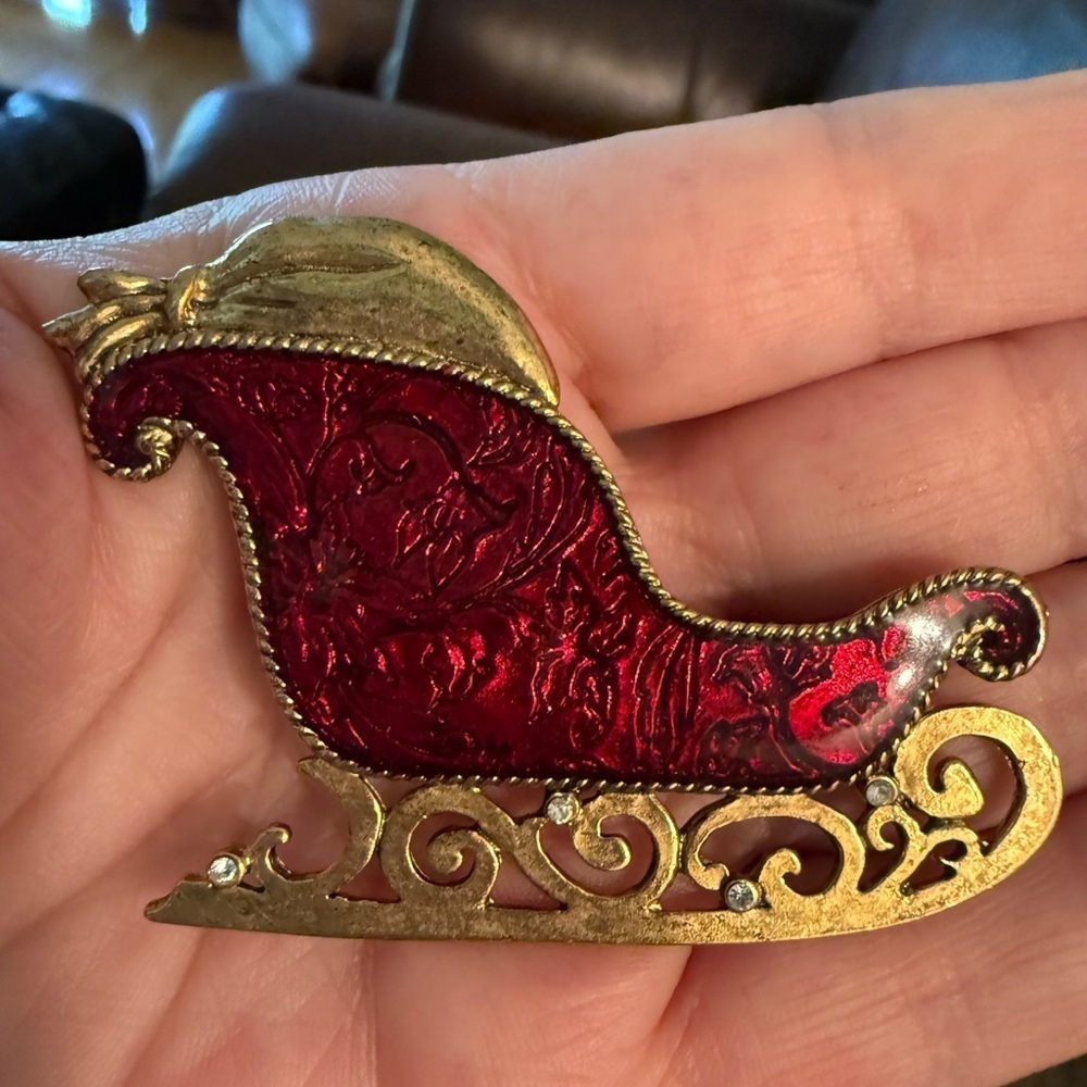 Lia Sophia Vintage Red and Gold Sleigh Brooch